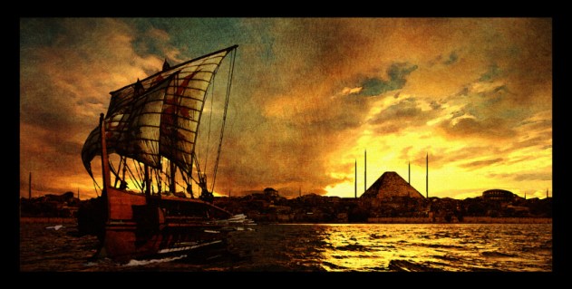 Hedonian trireme at sunrise