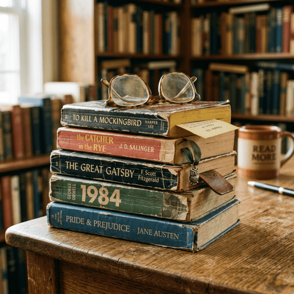Stack of classic books including To Kill a Mockingbird, The Catcher in the Rye, The Great Gatsby, 1984, Pride and Prejudice with glasses on top