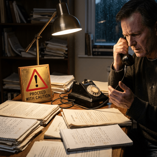 Man speaking on a rotary phone surrounded by stacks of papers and a 'Proceed with Caution' sign